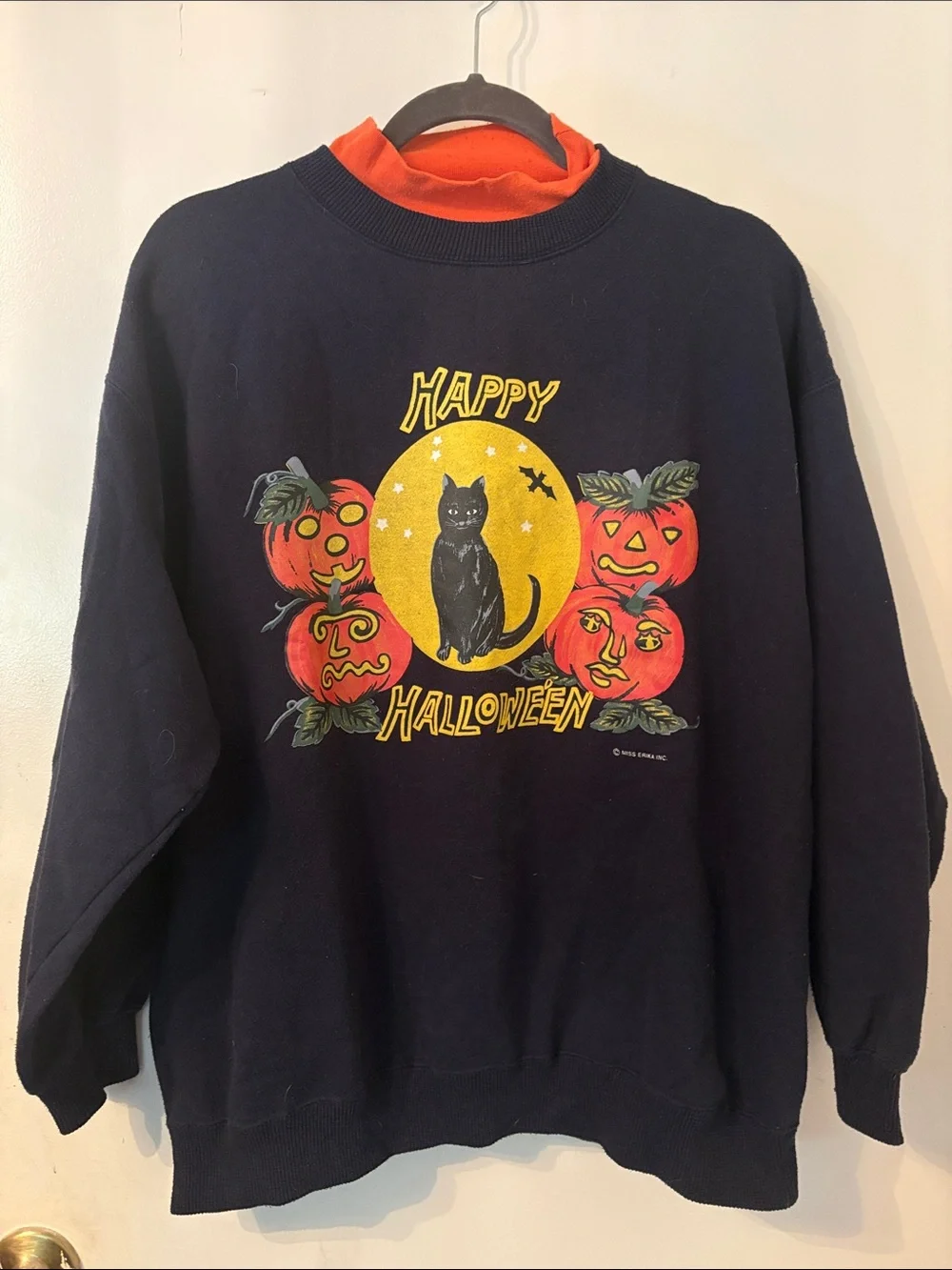 Vintage Miss Erika Happy Halloween Black Cat Sweatshirt with Orange Pumpkins - Picture 1 of 6